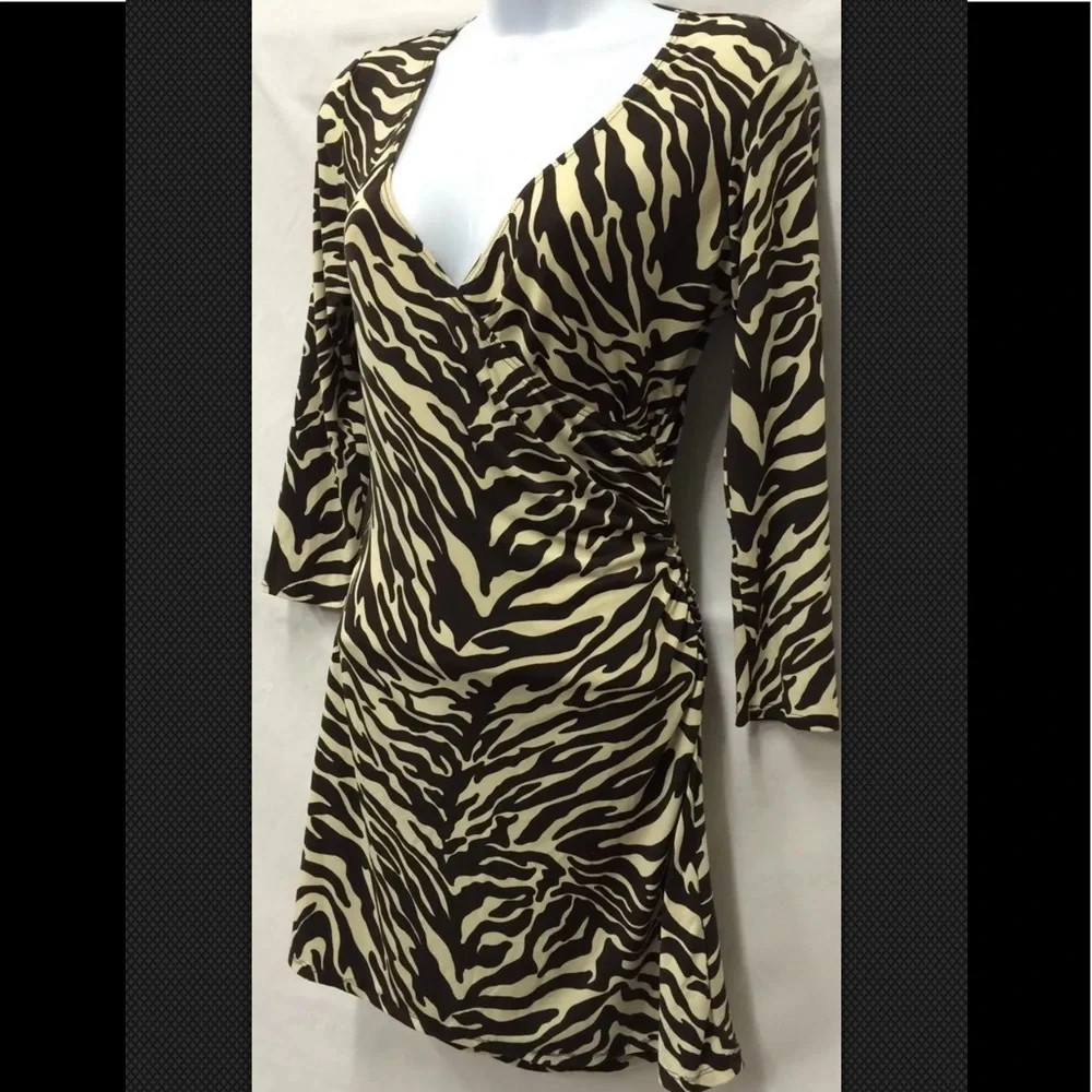 LAUNDRY By SHELLY SEGAL Dress Faux Wrap Animal Print V Neck Mini Sexy Brown